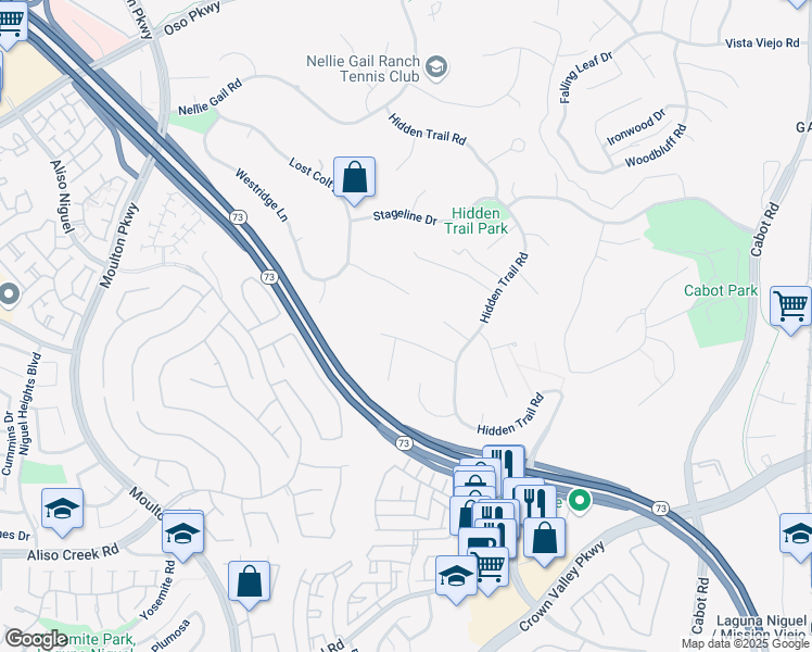 map of restaurants, bars, coffee shops, grocery stores, and more near 25191 Rockridge Road in Laguna Hills