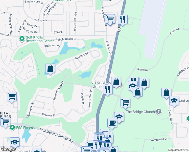 map of restaurants, bars, coffee shops, grocery stores, and more near 38337 Augusta Drive in Murrieta