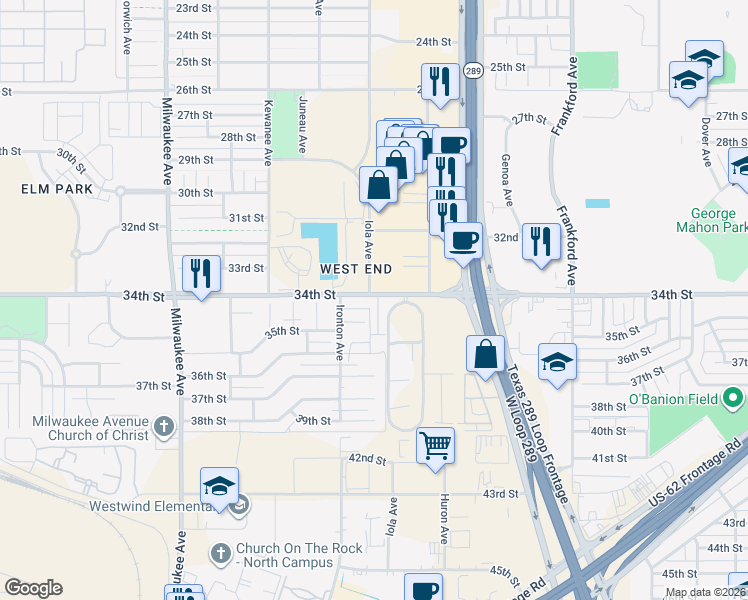map of restaurants, bars, coffee shops, grocery stores, and more near 3402 Hyden Avenue in Lubbock