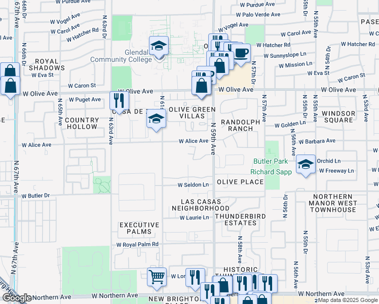 map of restaurants, bars, coffee shops, grocery stores, and more near 8622 North 59th Avenue in Glendale