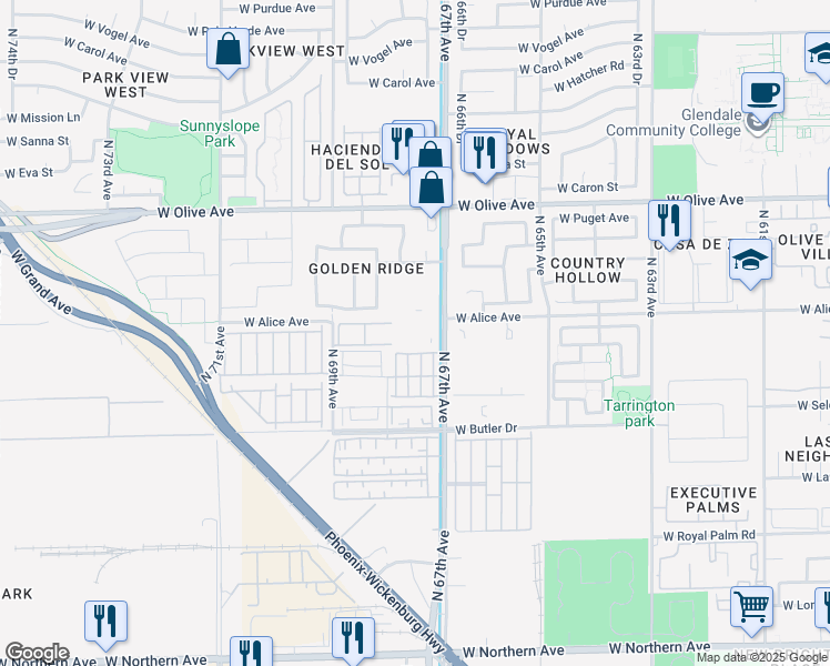 map of restaurants, bars, coffee shops, grocery stores, and more near 6754 West Ruth Avenue in Peoria