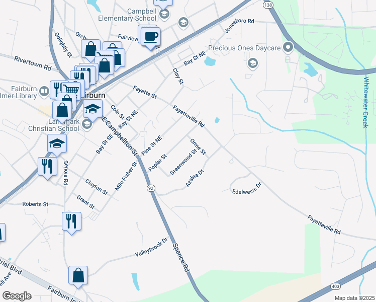 map of restaurants, bars, coffee shops, grocery stores, and more near 118 Greenwood Street in Fairburn
