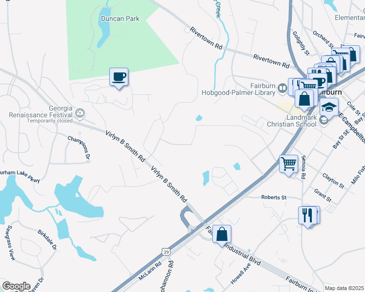 map of restaurants, bars, coffee shops, grocery stores, and more near 298 Brooks Drive in Fairburn