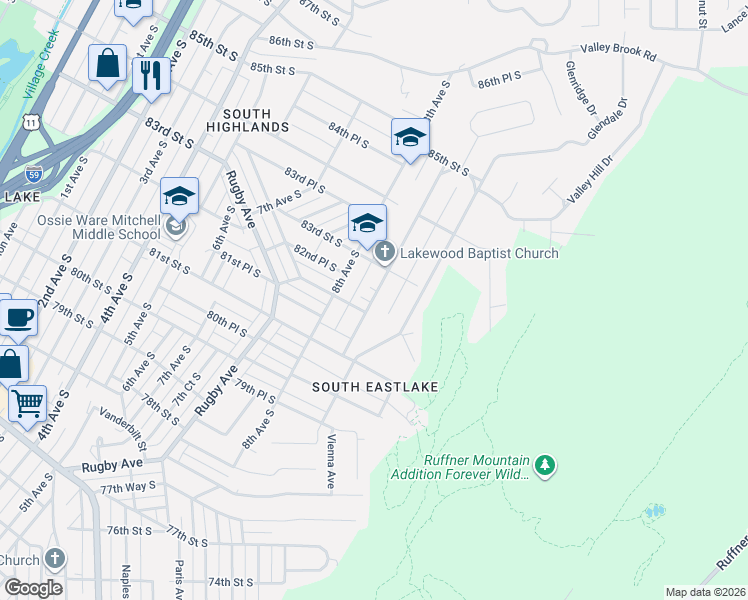 map of restaurants, bars, coffee shops, grocery stores, and more near 8201 9th Avenue South in Birmingham
