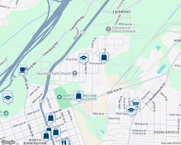 map of restaurants, bars, coffee shops, grocery stores, and more near 3921 Fairmont Way North in Birmingham