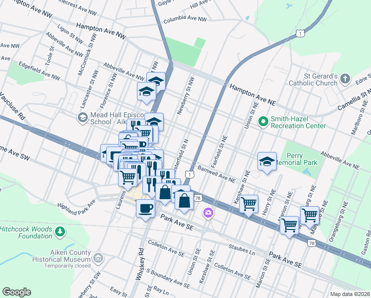 map of restaurants, bars, coffee shops, grocery stores, and more near 211 U.S. 1 in Aiken