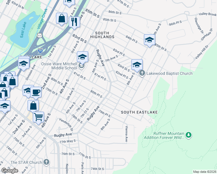 map of restaurants, bars, coffee shops, grocery stores, and more near 8038 Rugby Avenue in Birmingham