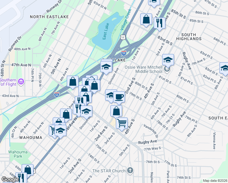 map of restaurants, bars, coffee shops, grocery stores, and more near 7824 1st Avenue South in Birmingham