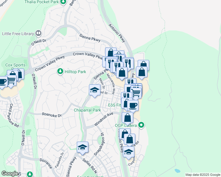 map of restaurants, bars, coffee shops, grocery stores, and more near 602 Mercantile Way in Ladera Ranch
