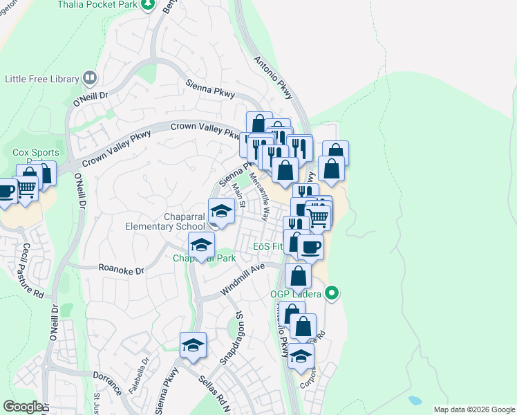 map of restaurants, bars, coffee shops, grocery stores, and more near 8 Stone Turret Court in Ladera Ranch