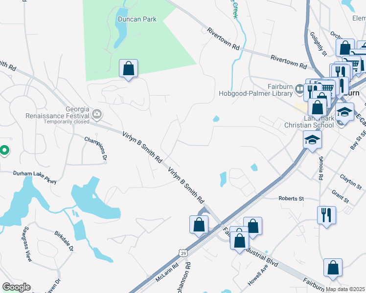 map of restaurants, bars, coffee shops, grocery stores, and more near 298 Brooks Drive in Fairburn