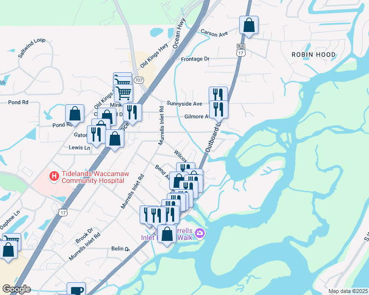 map of restaurants, bars, coffee shops, grocery stores, and more near 545 Wilcox Avenue in Murrells Inlet