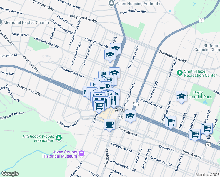 map of restaurants, bars, coffee shops, grocery stores, and more near 130A Laurens Street Northwest in Aiken
