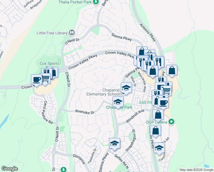 map of restaurants, bars, coffee shops, grocery stores, and more near 4 Hearthside Road in Ladera Ranch