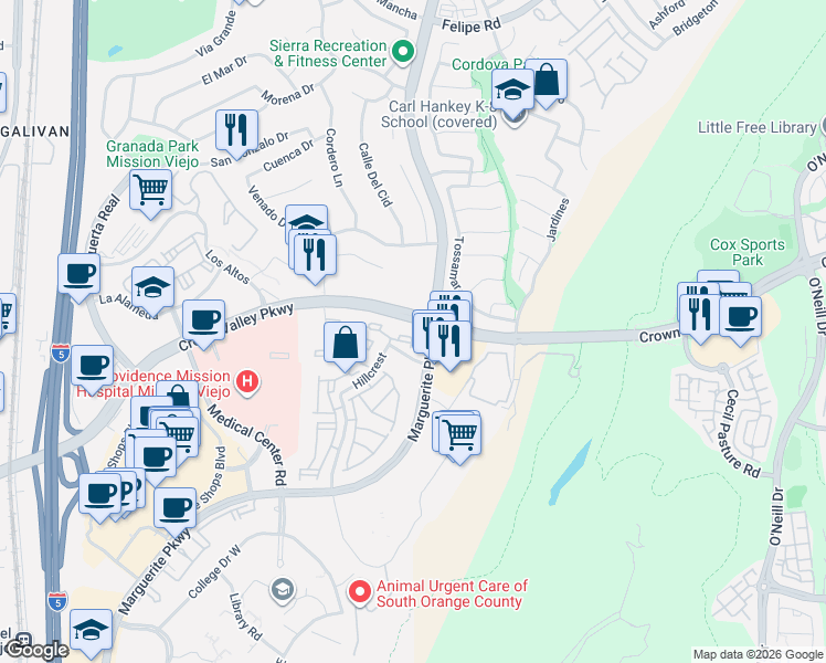 map of restaurants, bars, coffee shops, grocery stores, and more near 27550 Hillcrest in Mission Viejo