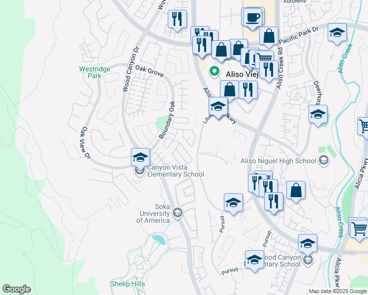 map of restaurants, bars, coffee shops, grocery stores, and more near 36 Edmonton Place in Aliso Viejo