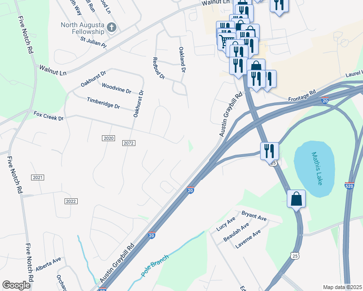 map of restaurants, bars, coffee shops, grocery stores, and more near 41 Fox Creek Drive in North Augusta