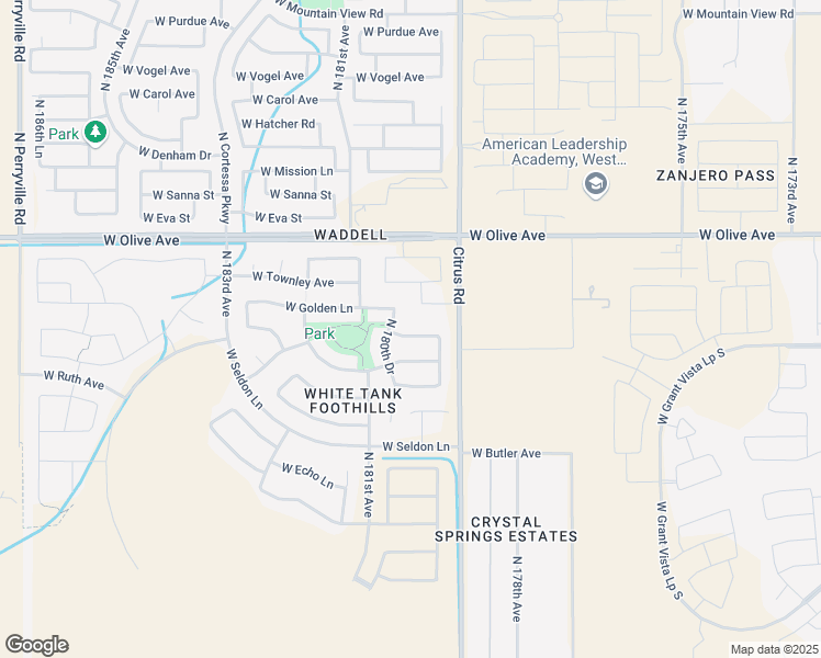 map of restaurants, bars, coffee shops, grocery stores, and more near 17964 West Lawrence Lane in Waddell