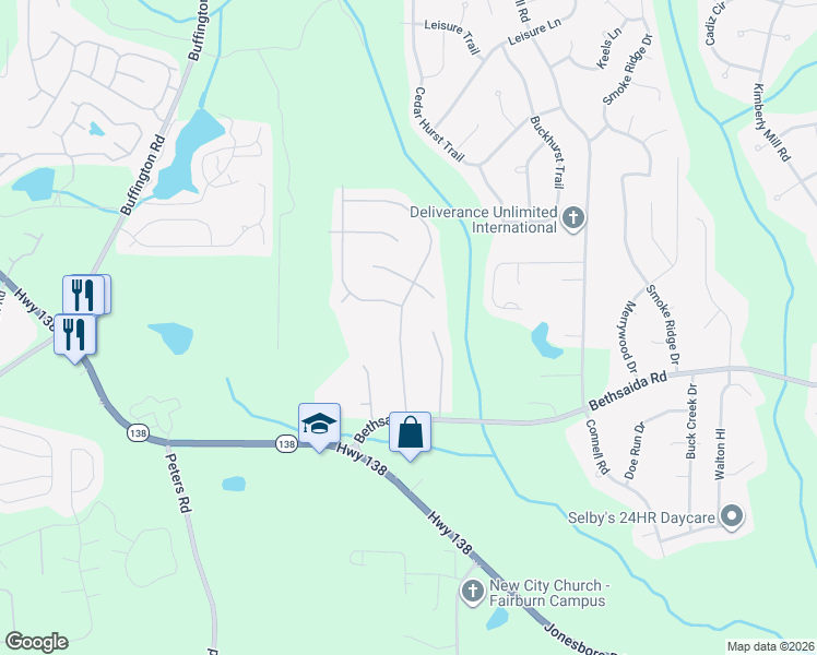 map of restaurants, bars, coffee shops, grocery stores, and more near 7105 Hania Drive in Fairburn