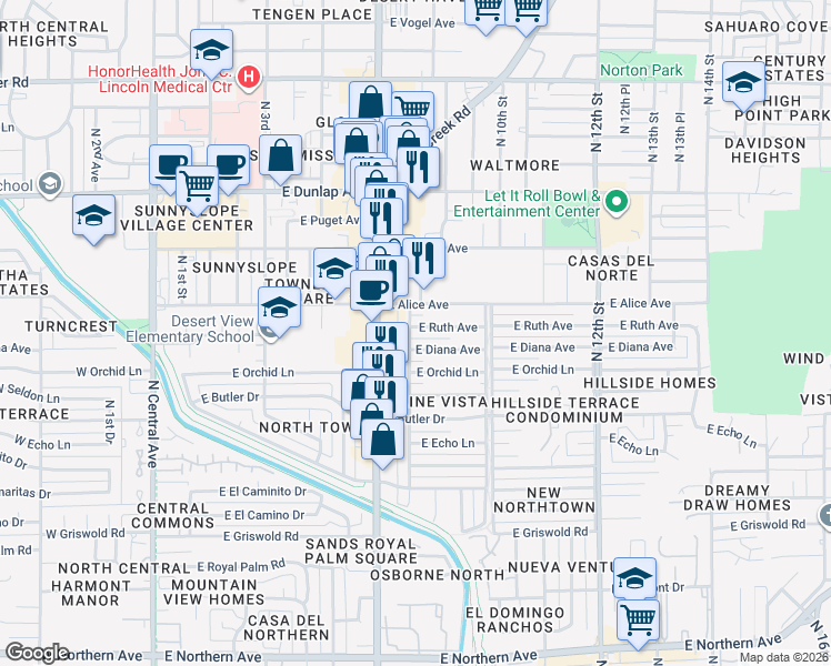 map of restaurants, bars, coffee shops, grocery stores, and more near 805 East Diana Avenue in Phoenix