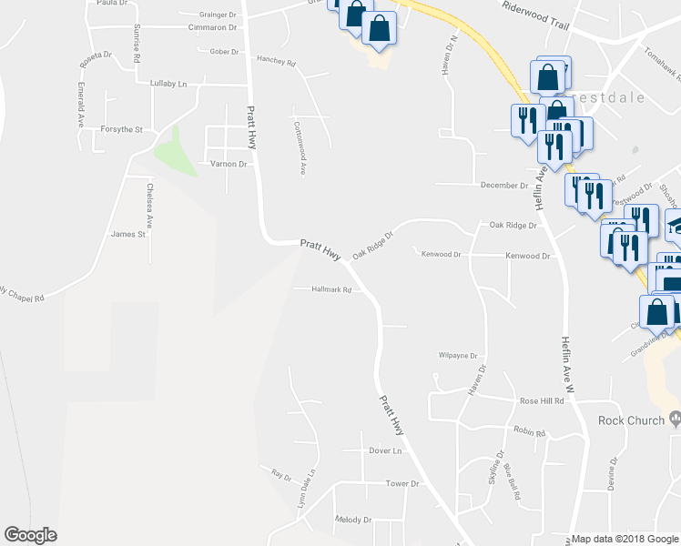map of restaurants, bars, coffee shops, grocery stores, and more near 1028 Hallmark Road in Birmingham