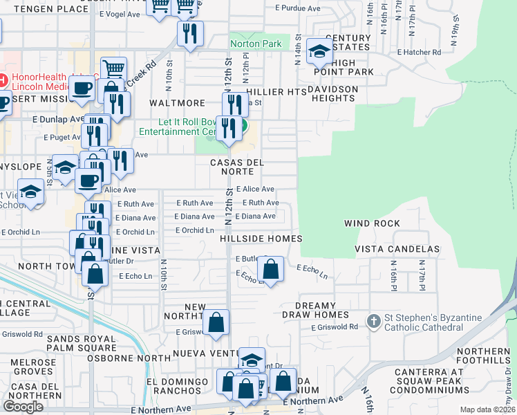 map of restaurants, bars, coffee shops, grocery stores, and more near 1307 East Diana Avenue in Phoenix