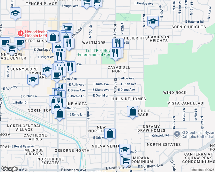 map of restaurants, bars, coffee shops, grocery stores, and more near 1133 East Diana Avenue in Phoenix