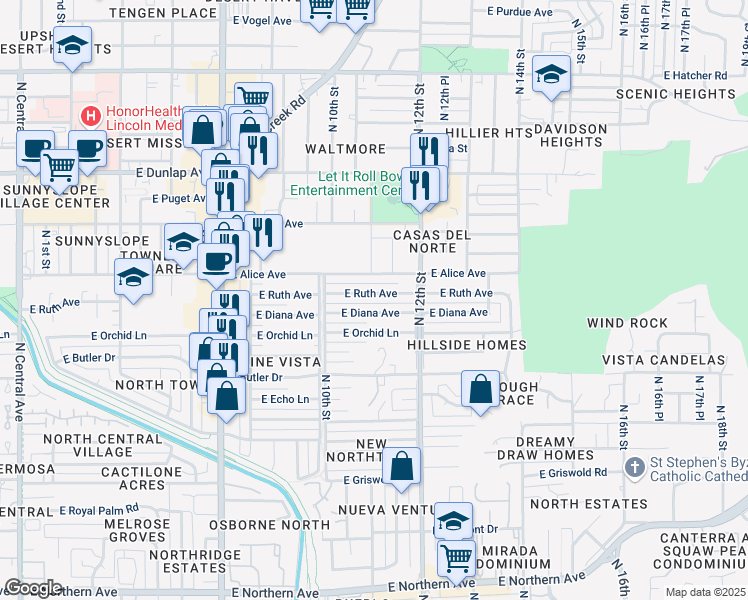map of restaurants, bars, coffee shops, grocery stores, and more near 1041 East Diana Avenue in Phoenix