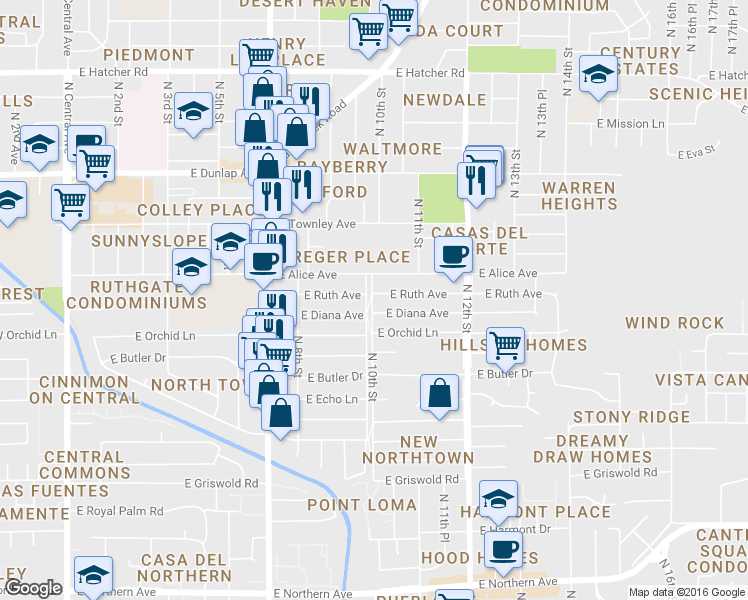 map of restaurants, bars, coffee shops, grocery stores, and more near 1001 East Diana Avenue in Phoenix