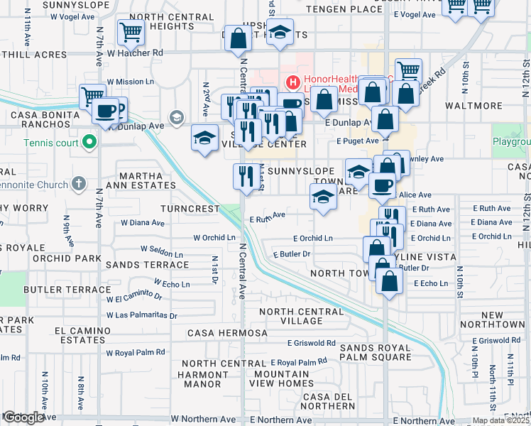 map of restaurants, bars, coffee shops, grocery stores, and more near 33 East Ruth Avenue in Phoenix