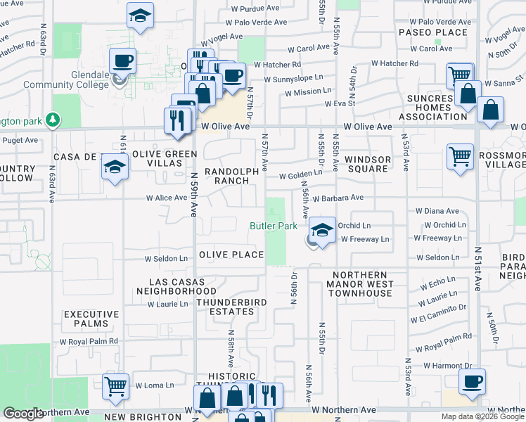 map of restaurants, bars, coffee shops, grocery stores, and more near 8662 North 57th Avenue in Glendale