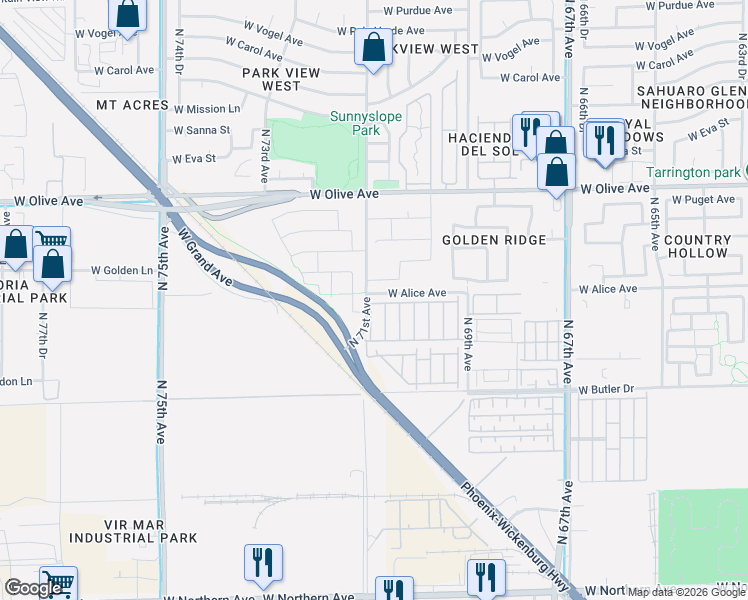 map of restaurants, bars, coffee shops, grocery stores, and more near 7115 West Ruth Avenue in Peoria