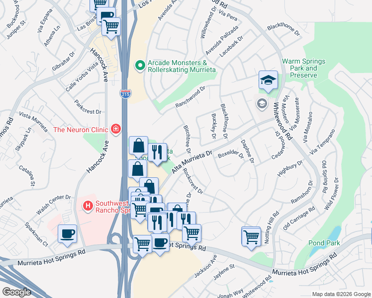 map of restaurants, bars, coffee shops, grocery stores, and more near 39960 Buffy Way in Murrieta