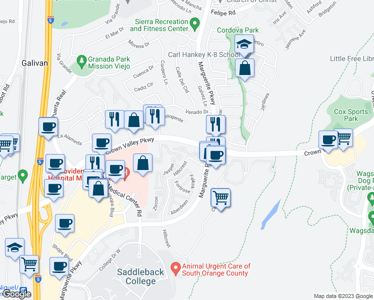 map of restaurants, bars, coffee shops, grocery stores, and more near 27622 Falkirk in Mission Viejo