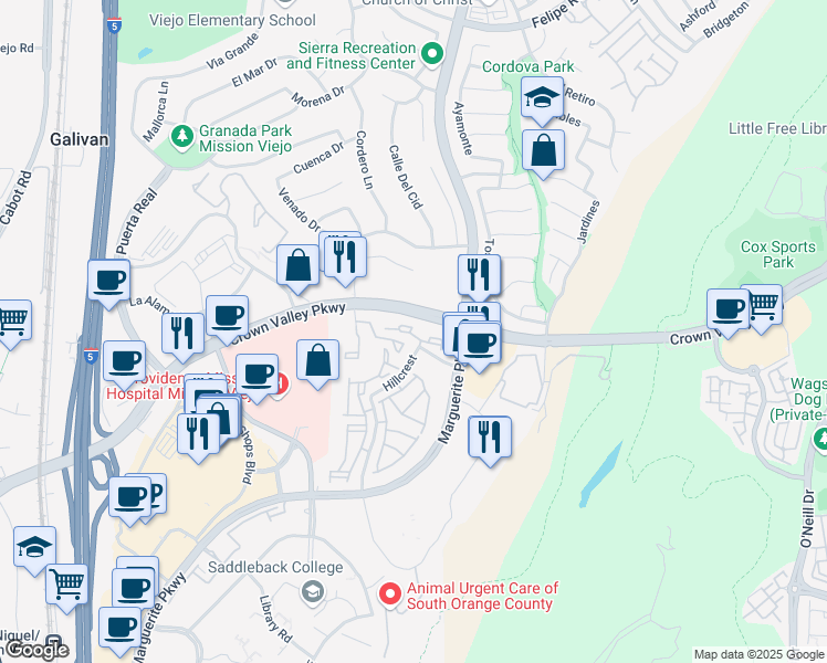 map of restaurants, bars, coffee shops, grocery stores, and more near 27622 Falkirk in Mission Viejo