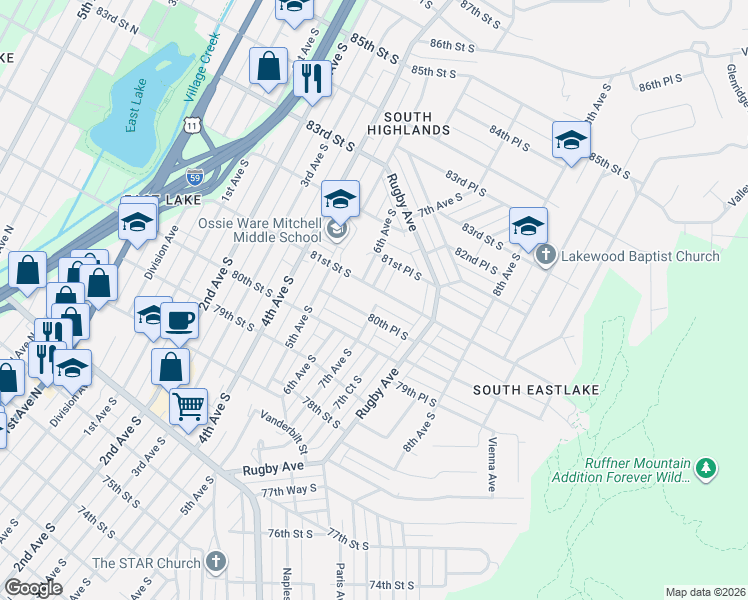 map of restaurants, bars, coffee shops, grocery stores, and more near 618 80th Place South in Birmingham