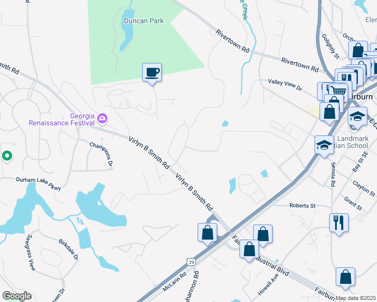 map of restaurants, bars, coffee shops, grocery stores, and more near 308 Brooks Drive in Fairburn