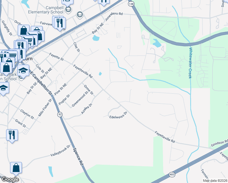 map of restaurants, bars, coffee shops, grocery stores, and more near 409 Fayetteville Road in Fairburn