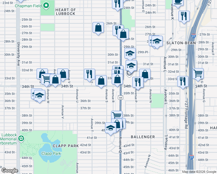 map of restaurants, bars, coffee shops, grocery stores, and more near 3598 Avenue South in Lubbock
