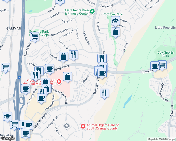 map of restaurants, bars, coffee shops, grocery stores, and more near 27622 Falkirk in Mission Viejo