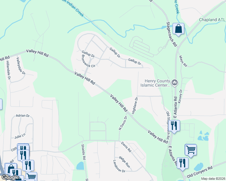 map of restaurants, bars, coffee shops, grocery stores, and more near 325 Valley Hill Road in Stockbridge