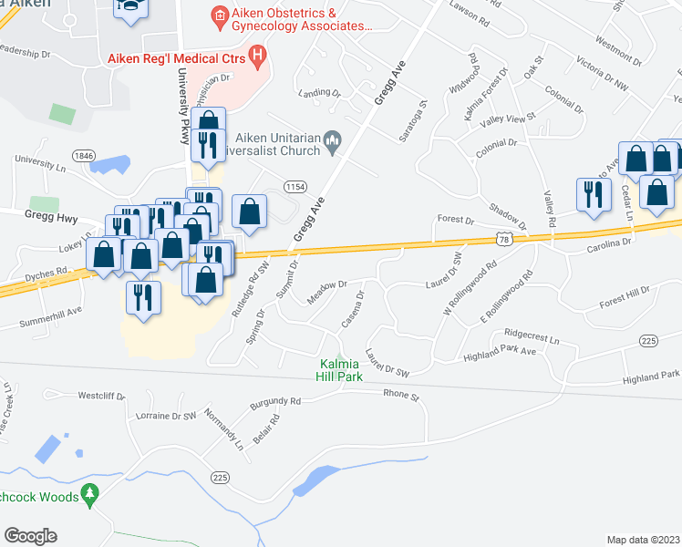 map of restaurants, bars, coffee shops, grocery stores, and more near 3418 Meadow Drive in Aiken