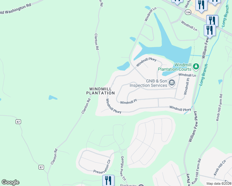 map of restaurants, bars, coffee shops, grocery stores, and more near 5173 Windmill Place in Evans