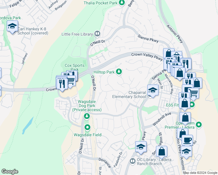 map of restaurants, bars, coffee shops, grocery stores, and more near 39 Lewiston Court in Mission Viejo