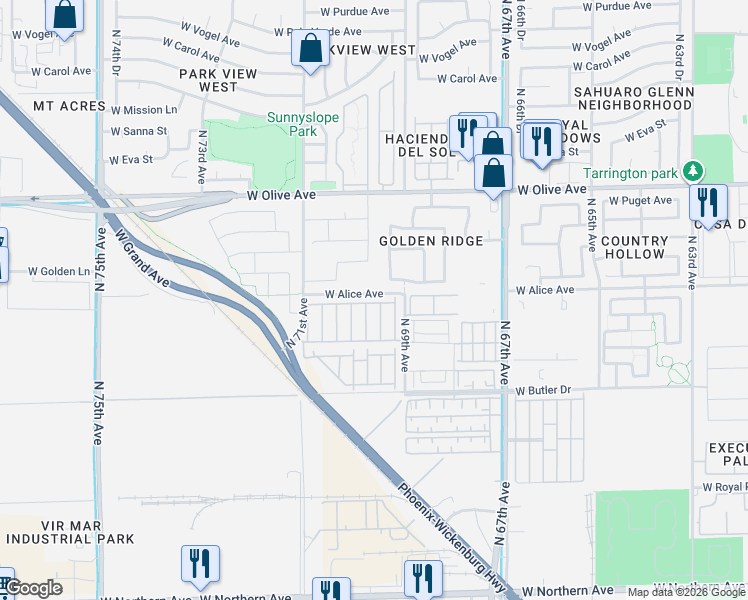 map of restaurants, bars, coffee shops, grocery stores, and more near 8601 North 71st Avenue in Peoria