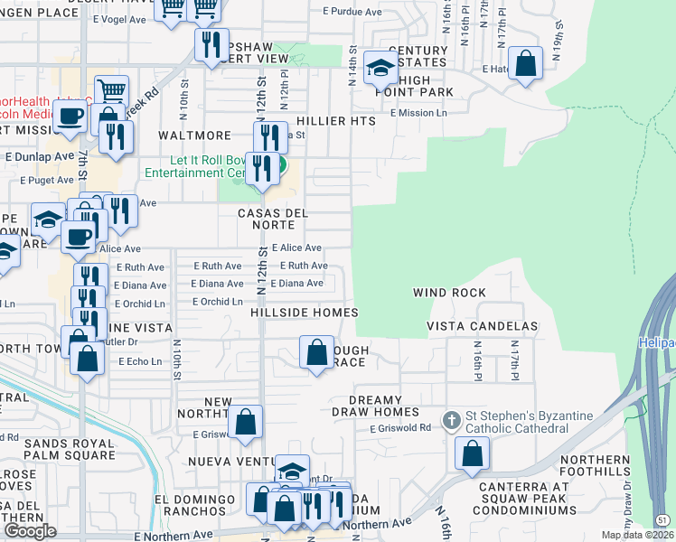 map of restaurants, bars, coffee shops, grocery stores, and more near 1341 East Ruth Avenue in Phoenix