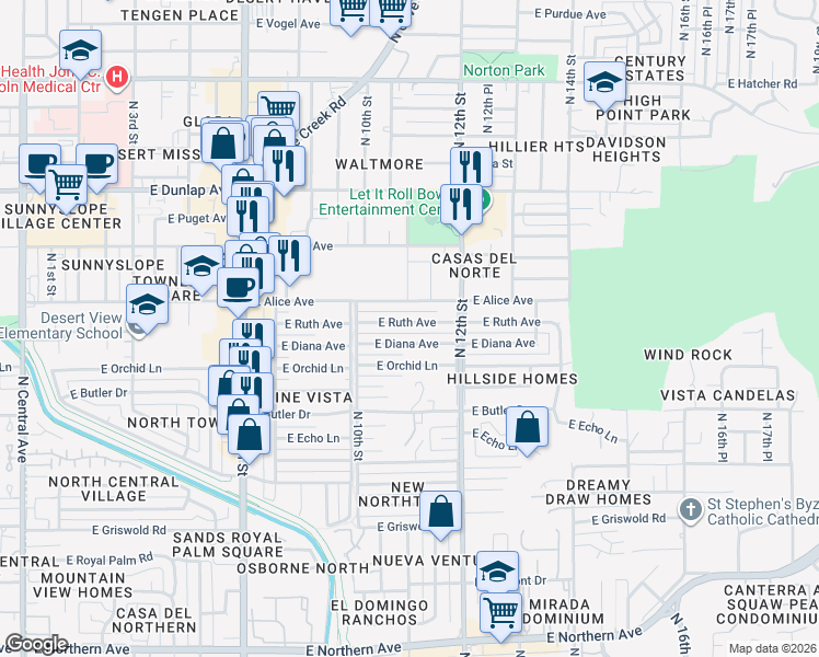 map of restaurants, bars, coffee shops, grocery stores, and more near 1041 East Diana Avenue in Phoenix