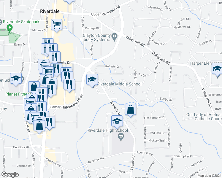 map of restaurants, bars, coffee shops, grocery stores, and more near 7094 Brookview Way in Riverdale