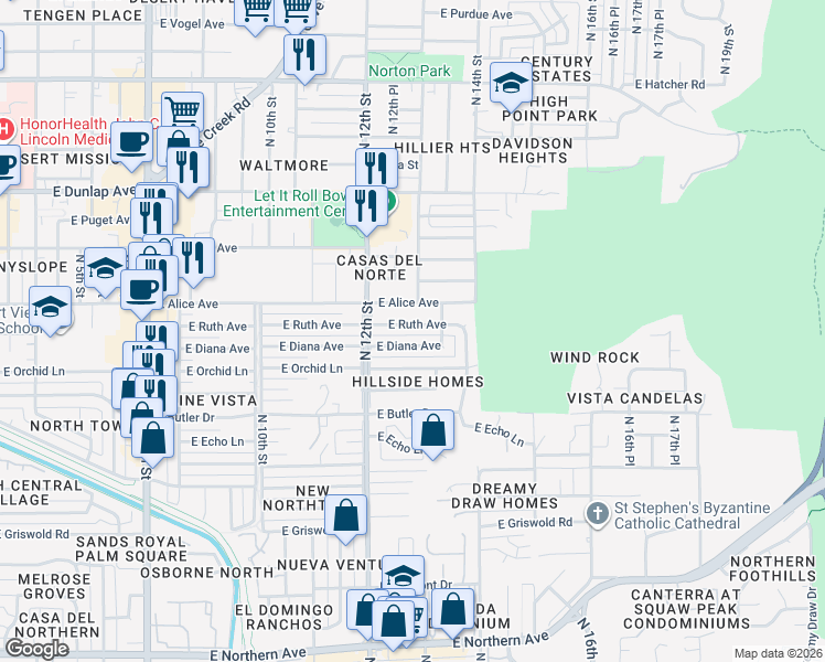 map of restaurants, bars, coffee shops, grocery stores, and more near 1307 East Diana Avenue in Phoenix