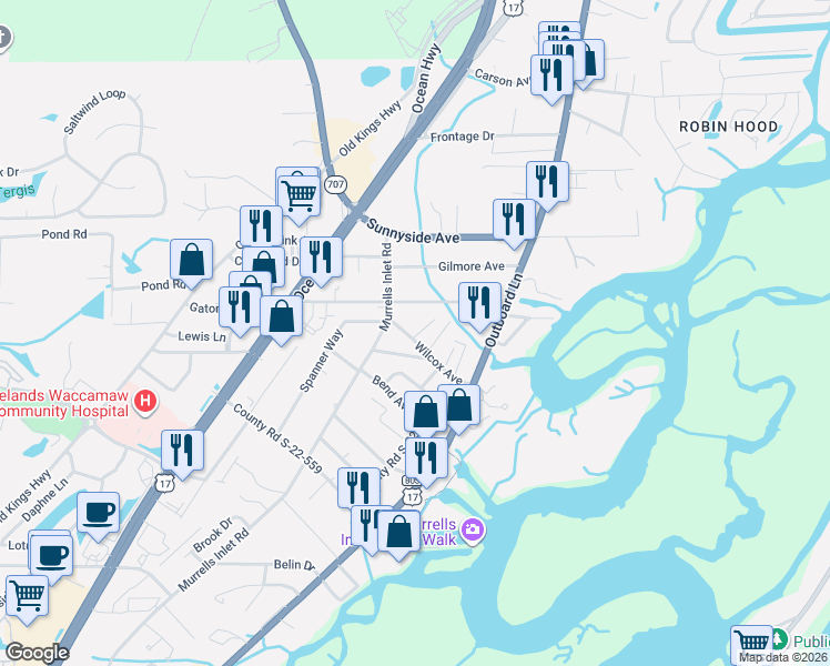 map of restaurants, bars, coffee shops, grocery stores, and more near 559 Hammock Avenue in Murrells Inlet